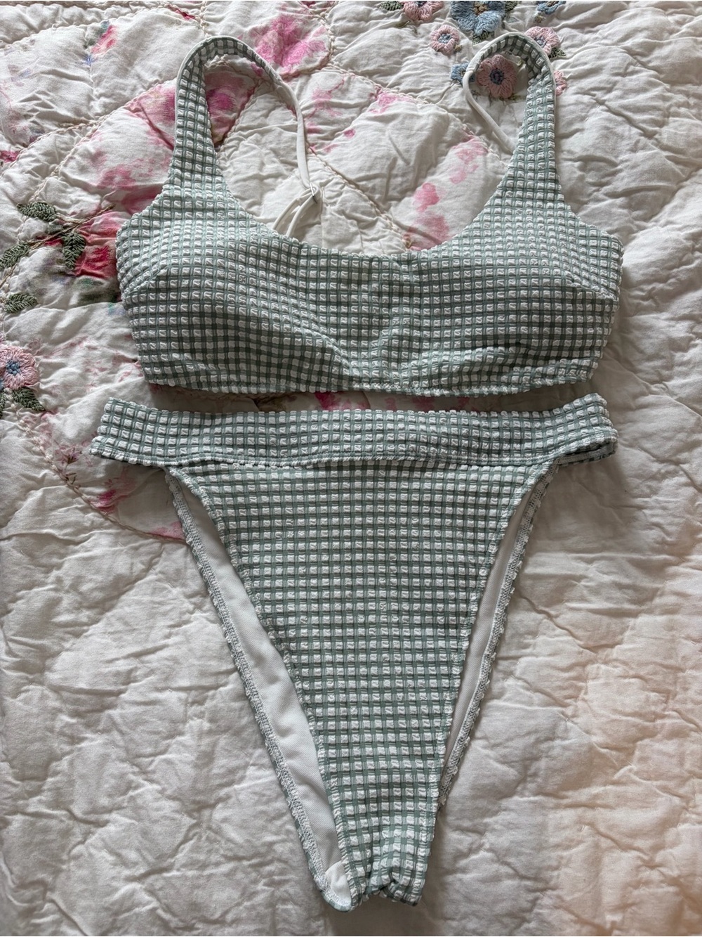Abercrombie & Fitch Sage Green Gingham Ribbed Bikini